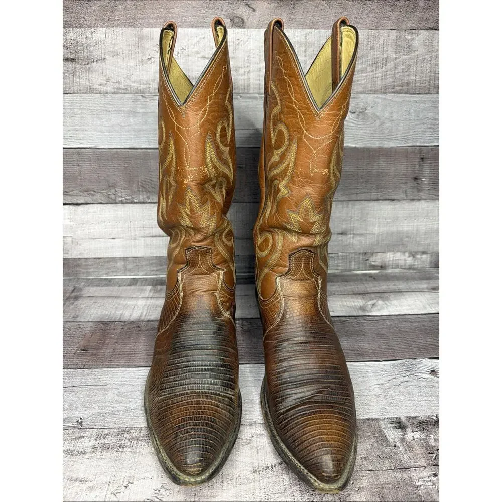 Tony Lama Western Boots Brown Leather Cowboy Vintage Exotic Men’s size 9 D